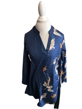 🦜 SHEIN Navy Blue Crane Print Notch-Neck Tunic (NWOT)
